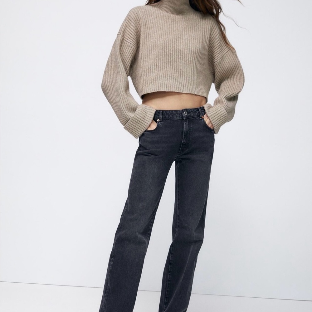 ZARA Women Mock Neck Cropped Ribbed Sweater 4331 / 130 Taupe Gray Small S